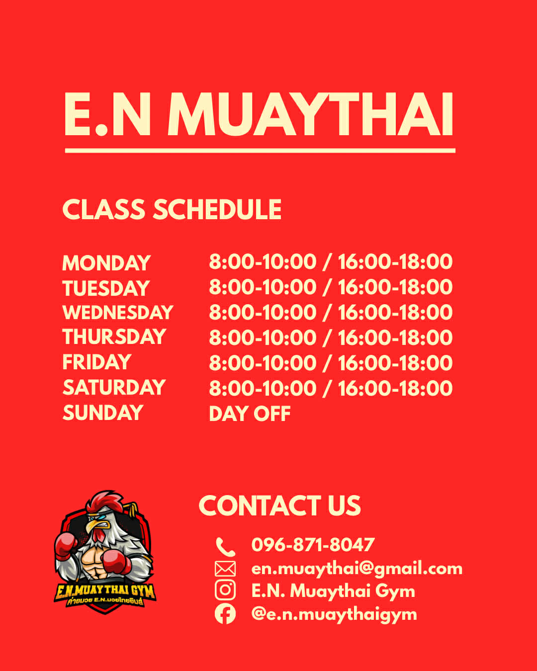 E.N. Muaythai Gym training schedule
