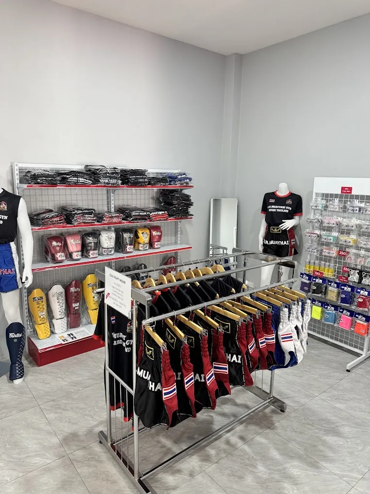 The shop inside E.N. Muaythai Gym with Fairtex gloves and shin guards, hand wraps and E.N. branded shorts and shirts